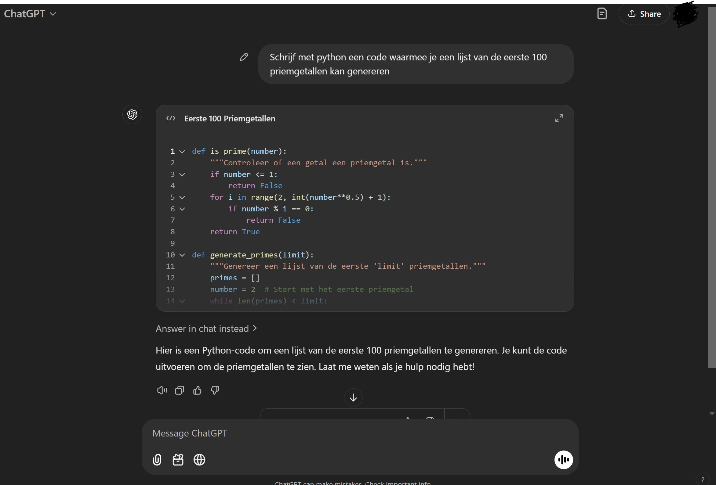Met ChatGPT een code gevraagd voor de eerste 100 priemgetallen